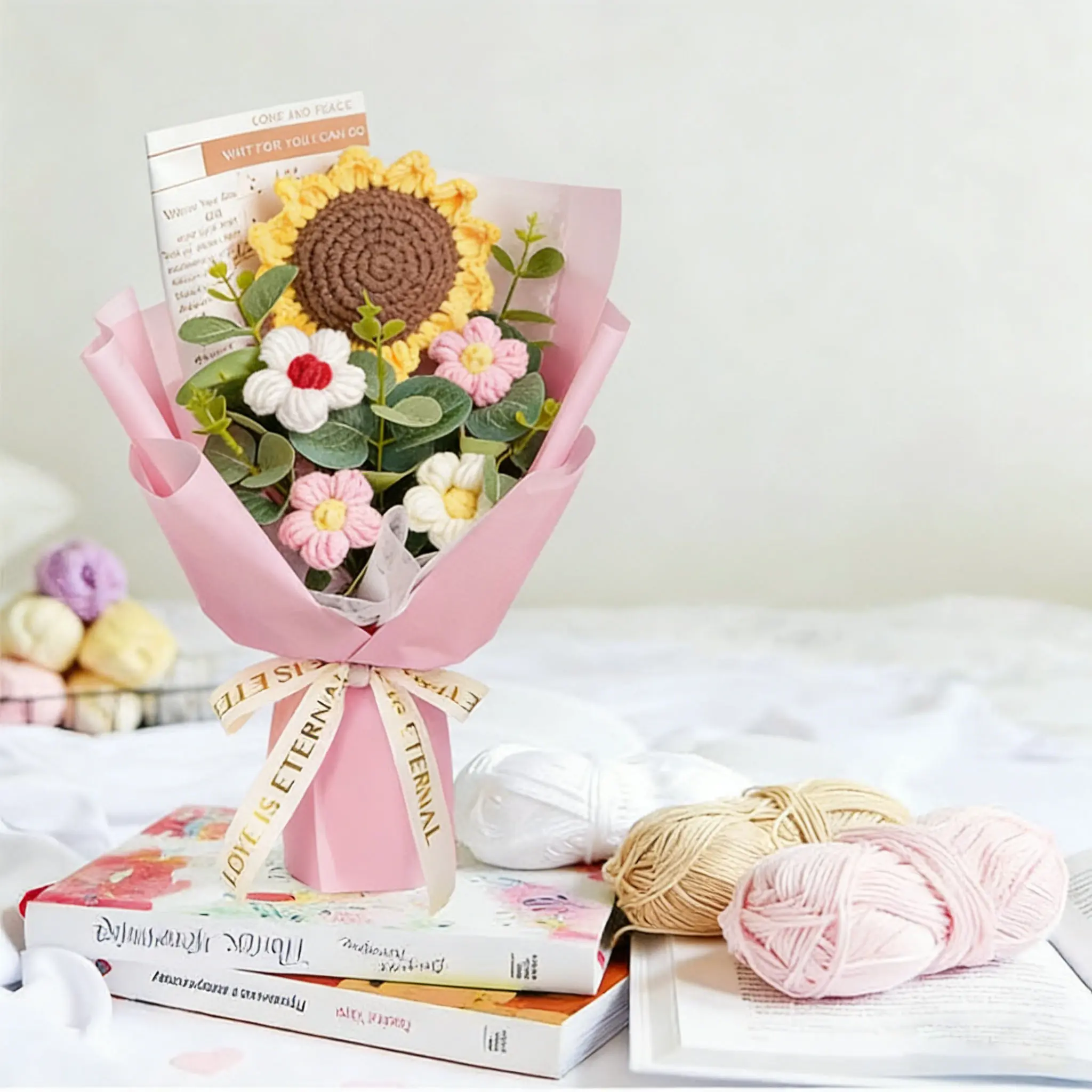 Handmade Crochet Flower Bouquet, 1 Bunch Decorative Artificial Flowers for Home Decor, Weddings, Parties & Anniversaries, Perfect Gift for Valentine’s Day, Birthday, Mother’s Day, Father’s Day & Thanksgiving （without ledlights）