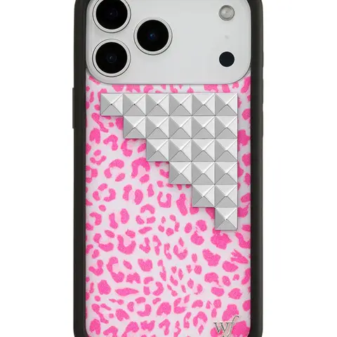 Wildflower Cases Limited Edition Pink Meow Studs Collab Handmade Leopard Print iPhone Case - Women's Small Business Shockproof Protector, Raised Bumper, Pink & White Design, Silver WF Emblem, Handheld Electronics Accessory, Gift for Her