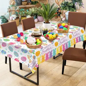 2 Pcs Happy Easter Table Cloth - Plastic Bunny Eggs Tablecloth, Disposable Rectangle Spring Floral Table Cover for Easter Home Dining Kitchen Activity Party Decorations Tables Decor, 108 x 54 Inch Ornaments Flower Blue And Purple