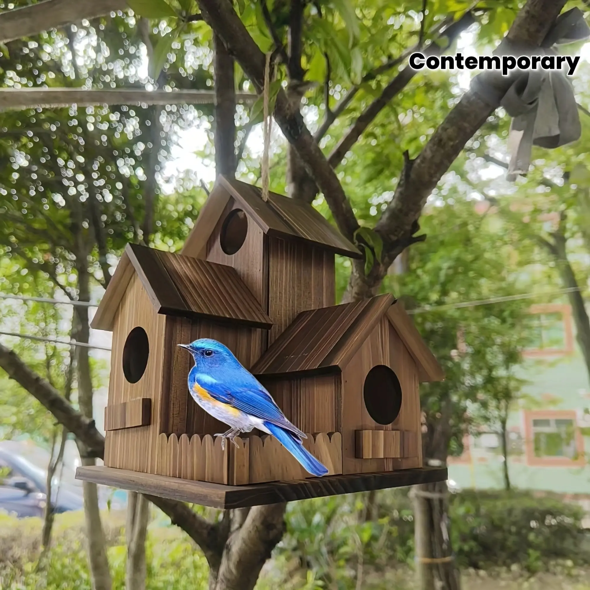 1 suspended bird's nest, Outdoor bird house - three-bedroom design with entrances, natural wood construction, spacious interior suitable for blue warblers and small birds - easy to install with chains - outdoor garden, courtyard, rural bird habitat