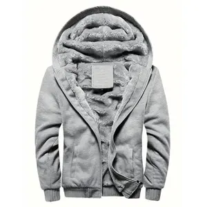 Men'S Hooded Fleece-Lined Sweatshirt, Polyester Sports Style, Solid Color, Long Sleeve, Regular Fit, Slight Stretch Knit Fabric, with Full Zip, for Winter Warm Jacket
