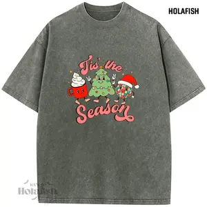Holafish Christmas Women's Acid Washed  Graphic T-Shirt, Cute Christmas Character Print Comfort Fit Top for Winter Festivities