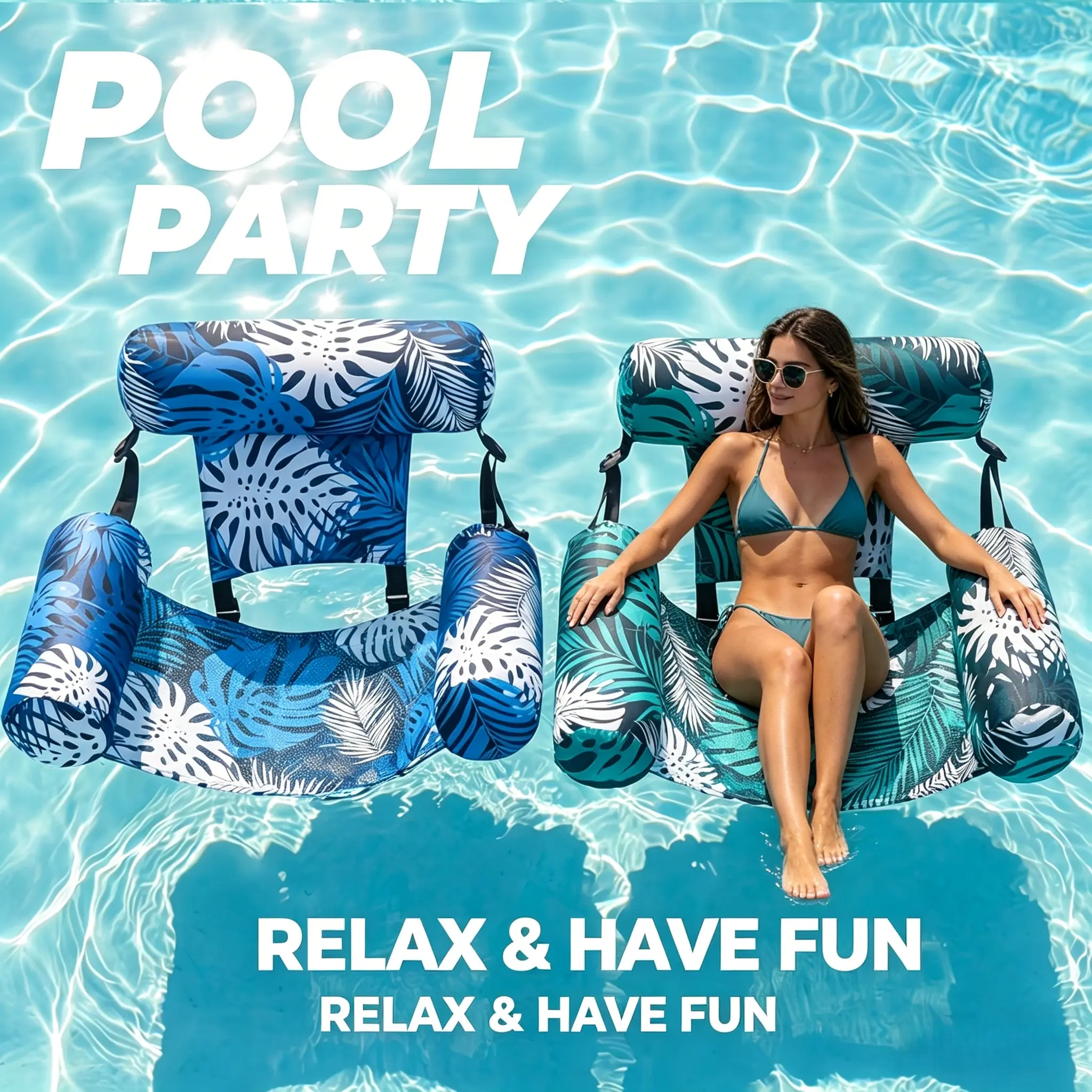 2 Pack Leaf Print Floating Pool Lounge Chairs for Adults, Portable Thick PVC Inflatable Water Hammock Recliner, Foldable Pool Float Chair for Pool Lake Beach Summer Water Relaxation pool party