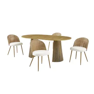 Solid wood stretching dining table + 4-piece brown wicker dining chairs in Bohemian medieval style with soft white sponge cushions