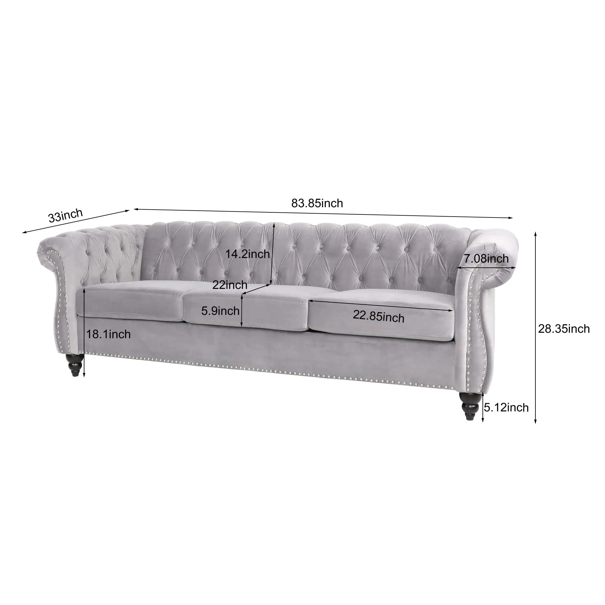Grey Vewet 3 Seater Tufted Sofa