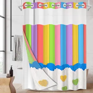 1pc hookless shower curtain with buckle lining, colorful vertical stripes, blue and white heart design, 2D flat printing, waterproof fabric lining, see-through double-layer shower curtain, 71 x 74 inches, modern home draping curtain.
