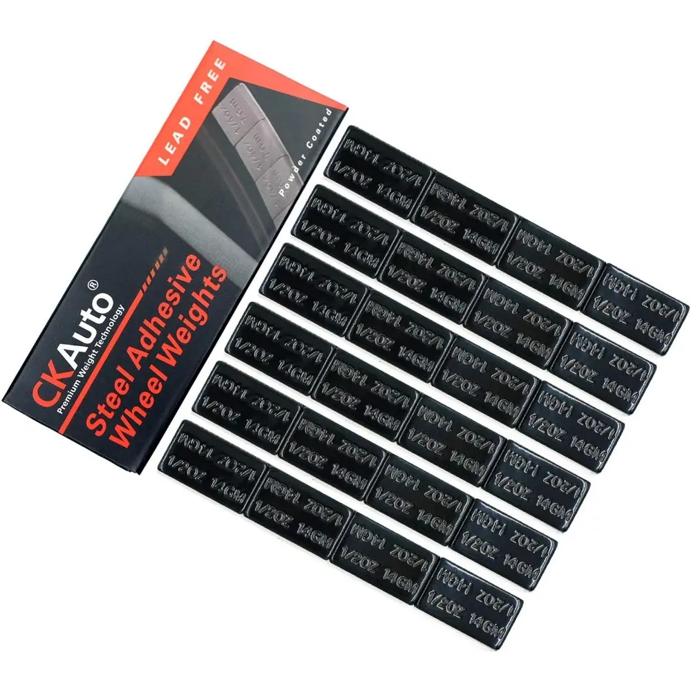 OEM Grade Adhesive Stick-On Wheel Weights - 0.5oz Ultra Slim Low Profile Black, Lead Free, Eco-Friendly, Premium Quality, Adhesive Strip, 12oz/0.75lb Box (24pcs) Universal Automotive Wheel Balancing Tire Repair Tool
