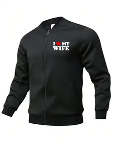 Men's "I Love My Wife" Print Zip Up Jacket, Regular Fit Casual Comfy Long Sleeve Stand Collar Outerwear for Spring & Fall, Men's Clothes for Daily Wear, Coats