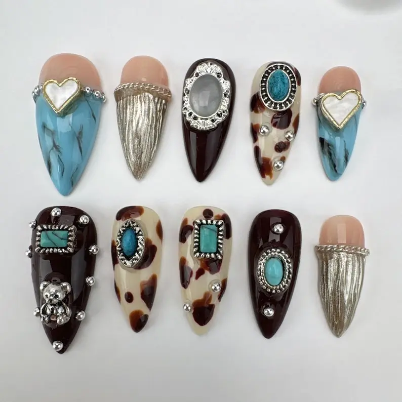 Press On Nails, Flake Design, Long Almond Shape