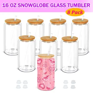 8 Pack 16 Oz Sublimation Snow Globe Glass Tumblers with Pre Drilled Hole，Double Wall Snowglobe Glass Cups with Bamboo Lids and Straws for Snow Globe Glitter DIY (Clear)