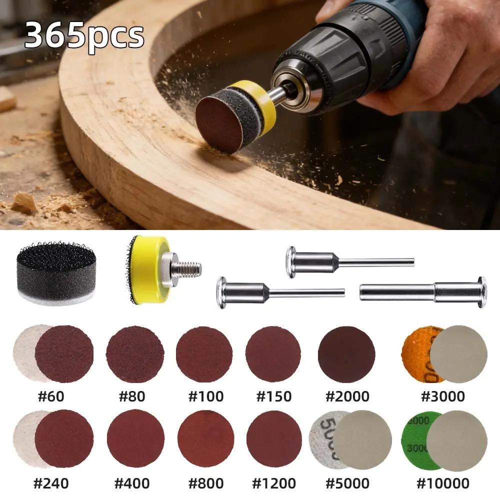 1 in Silicon Carbide Sanding Disc Set (360 PCS, 30 PCS Each Grit) - Hook and Loop, 60-10000 Grit Range Wet Dry Sandpaper, Micro Pads, 1/8 in & 1/4 in Shank, Backing Pad, Foam Inserts, Rotary Tool Kit for Multi-Surface Auto Polishing