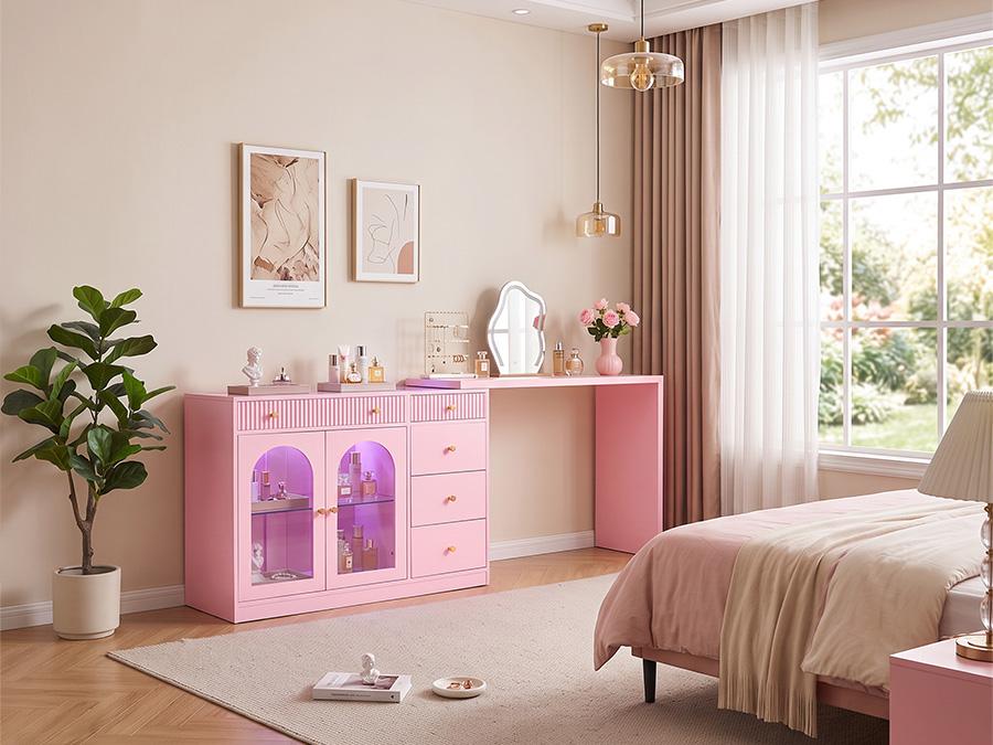 RoyalCraft 59''/75'' Makeup Vanity Desk with Lights, Rotatable & Extendable Dressing Table with Tempered Glass Top, L-shpaed Corner Vanity Table with Drawers and Doors, Perfect for Bedroom, Dressing Room, Pink/Black/White/Beige RoyalCraft 59''/75'' Makeup Vanity Desk with Lights, Rotatable & Extendable Dressing Table with Tempered Glass Top, L-shpaed Corner Vanity Table with Drawers and Doors, Perfect for Bedroom, Dressing Room, Pink/Black/White/Beige