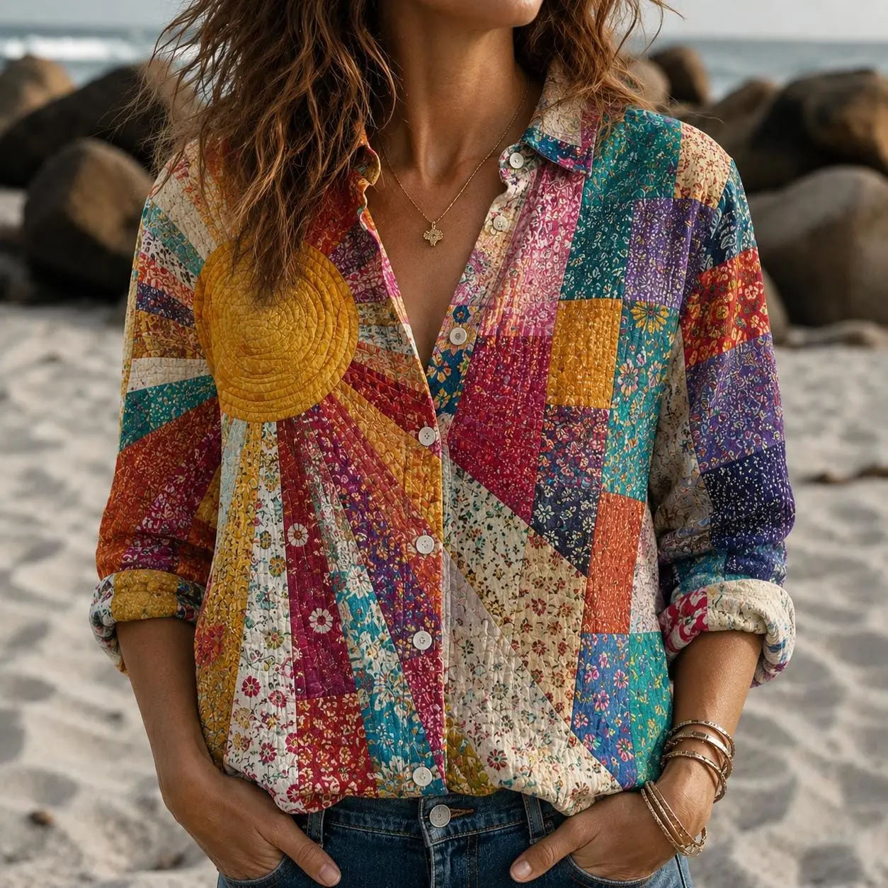 Colorful Patchwork Button Up Shirt, Sunburst Quilt Blouse, Boho Beach Shirt, Floral Artsy Top, Casual Summer Vacation Outfit