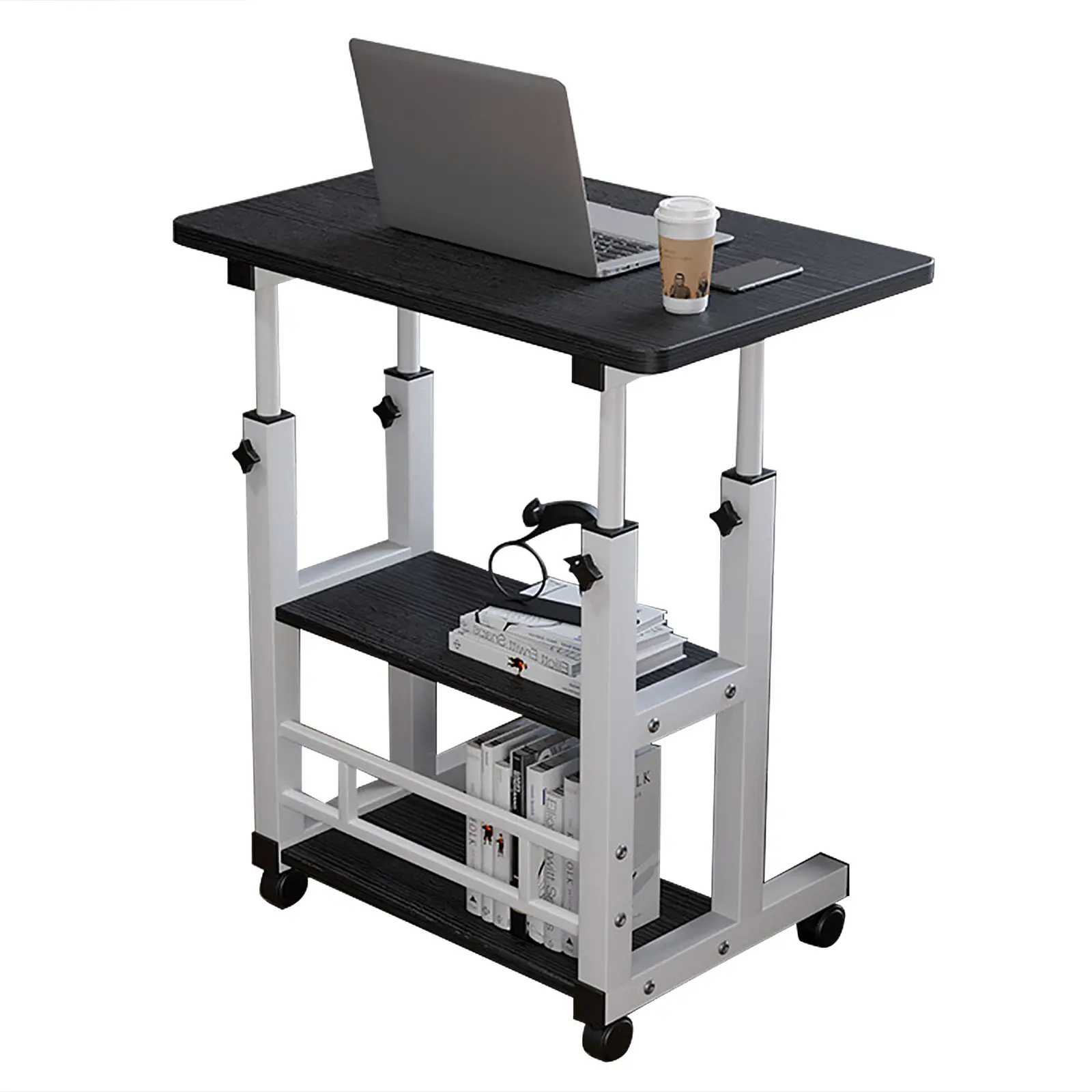 Blakc 32" Rustic Portable Rolling Adjustable Height Standing Desk with Wheels & Storage Shelves - Home Office Workstation, Home Study Table, Laptop PC Desk for Small Spaces, Drafting Table