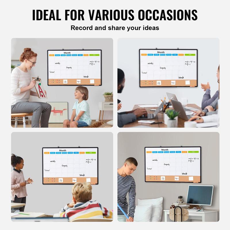 VEVOR 36"x 24" Monthly Calendar Whiteboard & Cork Board Combo with Aluminum Frame – 2-in-1 Magnetic Dry Erase Bulletin Board for Wall Mount – Ideal for School,  , Home, Office
