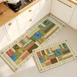 Boho Patchwork Kitchen Rugs Set (0.4cm Thick) - Non-Slip Rubber Backing, Water-Absorbing Non-Woven Fabric, Oil-Resistant Washable Tribal Ethnic Rug for Sink, Laundry Room, Vintage Design Rug