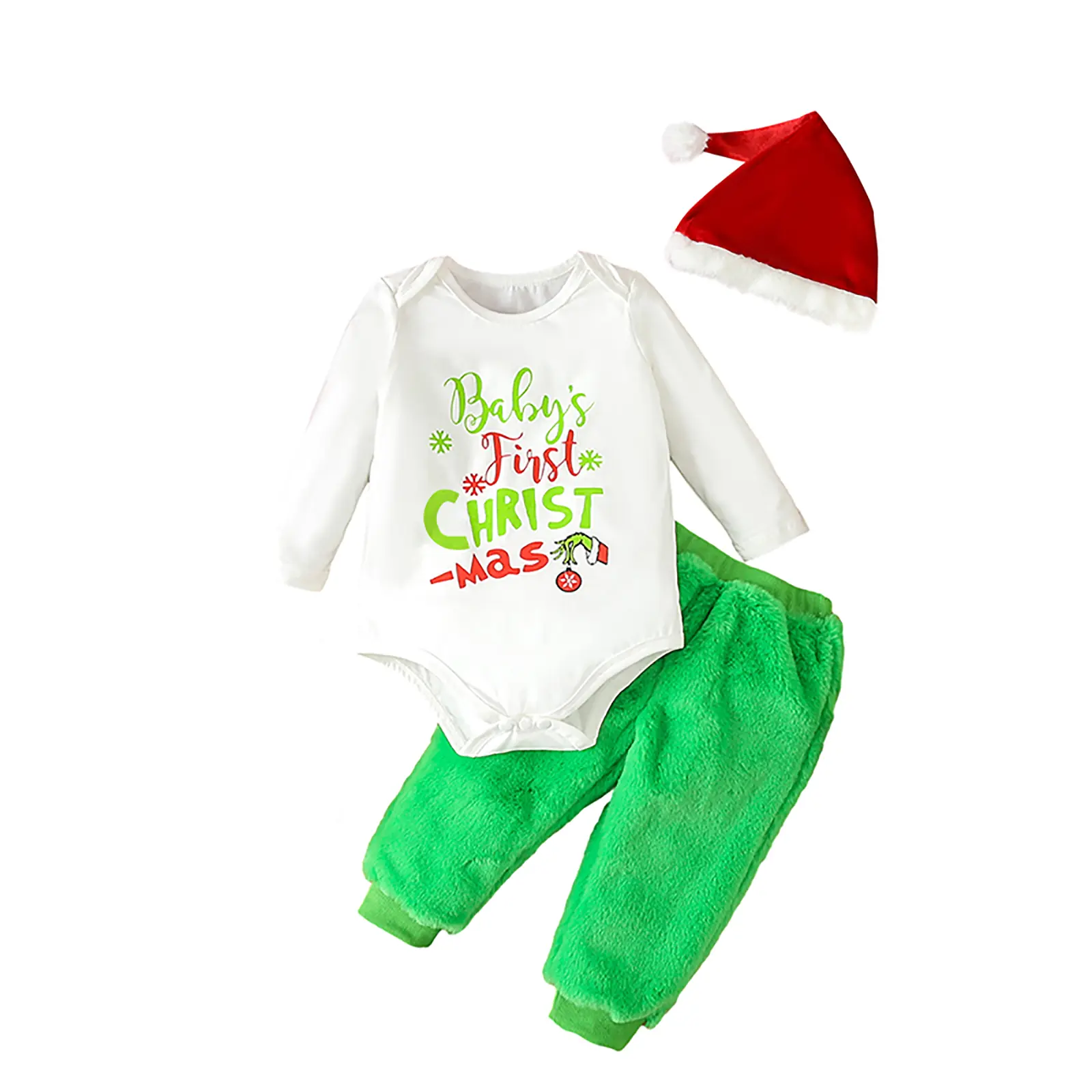 My 1st Christmas Outfits Infant Baby Boy Long Sleeve Onesie + Furry Green Pants + Hat 3Pcs Set
