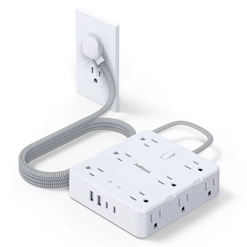 JcBlaon Surge Protector Power Strip, 5 Ft Cord, 12 Widely Spaced Outlets, 4 USB Chargers (2 USB-C Ports), Ultra-Thin 45° Angled Flat Plug, Multiple Outlets Plugs for 3-Side Desk Fit, Wall Socket Compatible, Tight Space Friendly, Home Use, 3Side Desk Fit