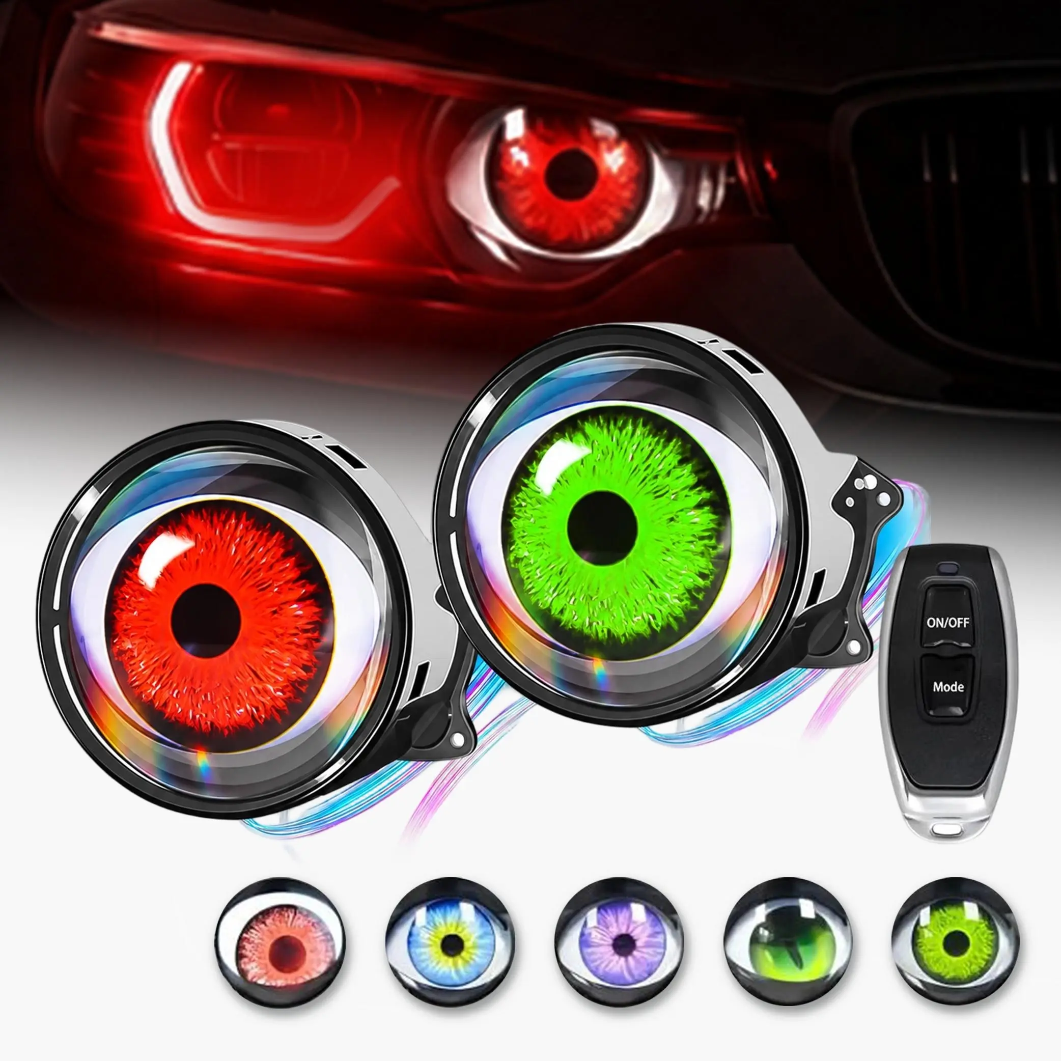 DIBMS Adjustable LED Devil's Eye Car Headlights - Mini Lens Eyeball Lights with Remote Control, Dynamic Function, Dodge Challenger Trim Compatibility, Adjustable Light（2Pcs）