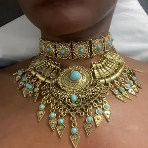 Bohemian Handmade Choker Necklace Vintage Golden-Tone Zinc Alloy Turquoise Beads Teardrop Tassel Pendant Layered Boho Jewelry for Women Daily Wear Parties Ramadan Year-Round Accessories
