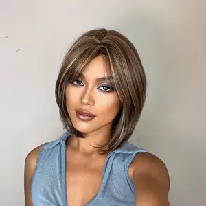 Jean-DWY Short-length Stright Bob Hair Brown with Highlights Glueless Synthetic Wig for Women 12 Inches
