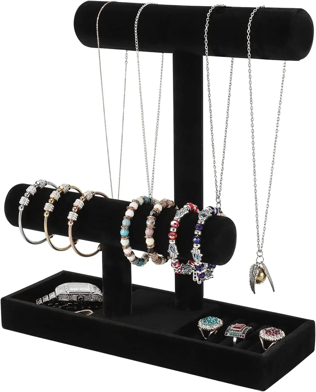 Necklace Holder,Bracelet Holder, Organizer Stand with Earrings Rings Tray, Holder for Scrunchie Watches (Black )