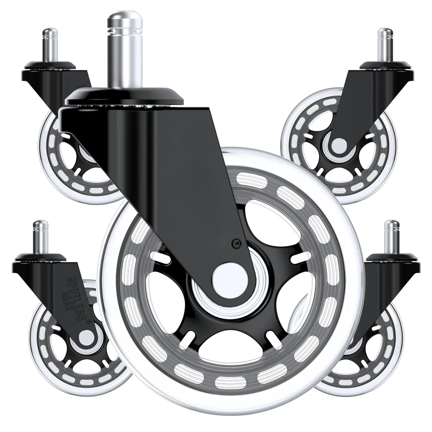 Upgraded 3-in-1 Office Chair Replacement Synthetic Rubber Wheels - 5 No-Tools-Needed Casters, Smooth-Rolling, Whisper-Quiet, Heavy-Duty 7/16x7/8in (Clear/Black), Universal for Herman Miller, DXRacer, Hon Chairs (Hardwood, Laminate Floors)