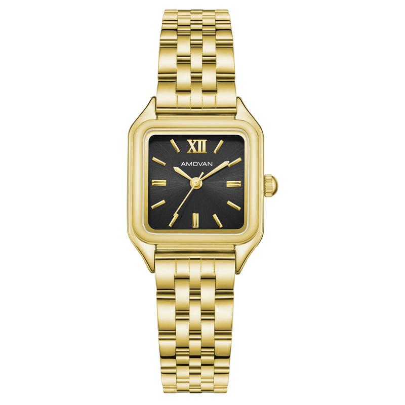 AMOVAN Gold Stainless Steel Bracelet Watch with Black Dial and Roman Numerals