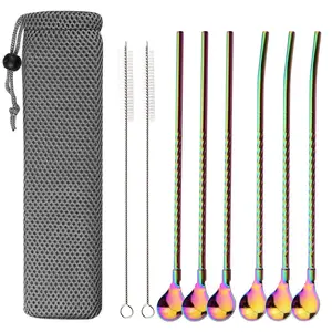 9-Piece Reusable Stainless Steel Straw Spoon Cutlery Set, Ideal for Bar Parties, Durable and Eco-Friendly Dining Accessories