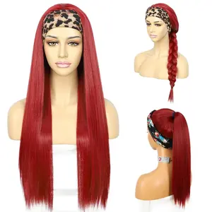 Straight Headband Wig Long Red Synthetic Headband Wigs for Black Women Glueless None Lace Front with Headband Attached for  Party Costume Daily Use 26 Inch