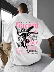 Men's Y2K Graphic Oversized T-Shirt, Menswear, Lightweight Breathable Polyester, "Sacred Love Divine Angel" Bold Print, Casual Trendy Streetwear, Casual Street Fashion, Quick-Dry Athletic Fabric, Ideal for Gym, Daily Wear