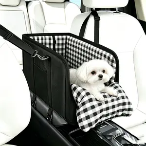 Luxury Center Console Dog Car Seat - Travel Armrest Booster Seat for Small Dogs & Cats, Anti-Anxiety Vehicle Pet Carrier with Security Tether & Washable Checkered Cushion