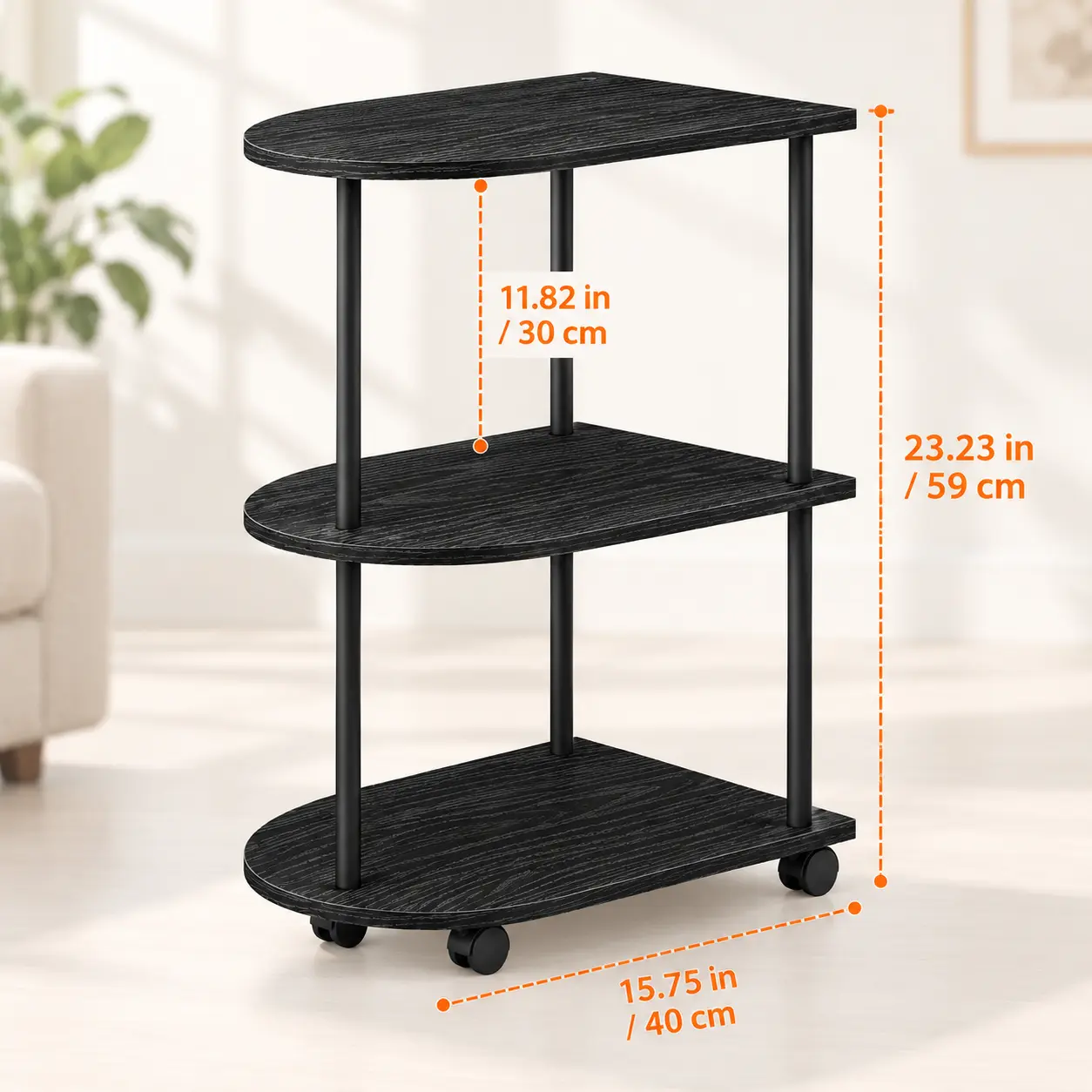 3-Tier Rolling Side Table, Small End Table with Open Storage Shelves, Compact Bedside Table on Wheels for Living Room, Bedroom and Home Office, Black