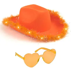 Orange Cowgirl Hat with Glasses - Halloween Light Up Cowboy Hat with Feathers - FUNCREDIBLE