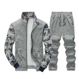 Men's Camo Print Sports Set - Jacket with Zipper and Drawstring Closure, Jogger Pants