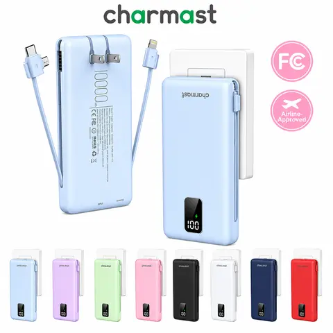 charmast Portable Charger with Built-in Cables and Plug, 10000mAh USB C Power Bank Fast Charging, External Battery Pack Slim, Travel Essentials Compatible with iPhones, iPad , battery power bank Foldable Black Electronic #TikTokShopFallDealsForYou
