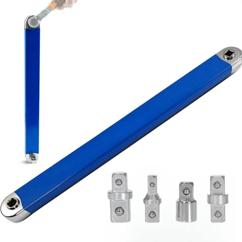 360° Rotatable Offset Extension Wrench Set - High Carbon Steel Metal Tools with 4 Drive Adapters, 1/4"-3/8"-1/2" Square Drive Long Reach Extender Bars, Rotating Joint & Universal Socket Spanners for Auto Engine, Tight Narrow Space DIY Maintenance, Tight N