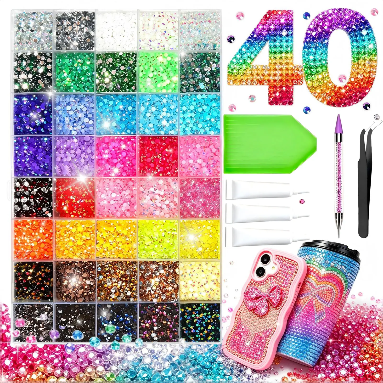 40000Pcs Jelly Resin Bedazzling Kit, 3mm Multicolor Flatback Rhinestone, Ideal for Diamond Art and Craft Gifts—A Sparkling Decorative Set with Rhinestones