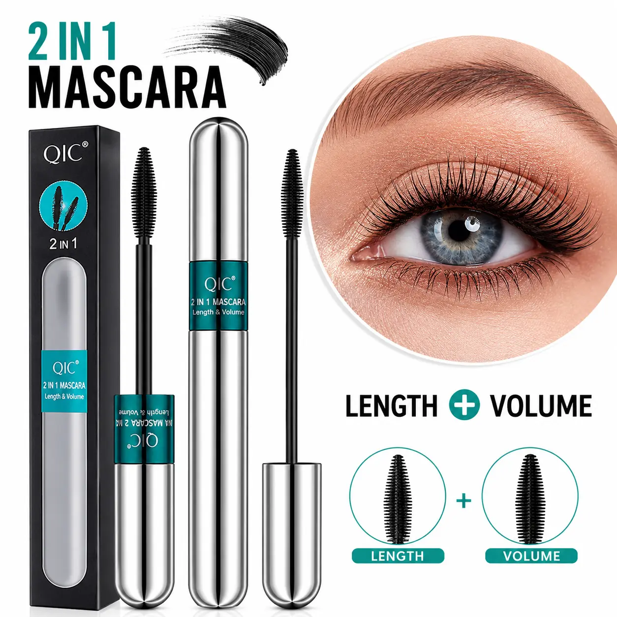 QIC 2 In 1 Dual Brush Mascara Waterproof Lengthening Volumizing Lash Makeup
