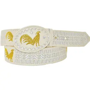 Cintos Charros Hombre Blanco y Oro con Gallo