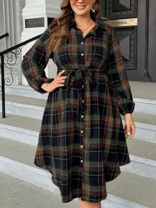 Elegant Casual Plaid Button Front Long Sleeve Dress, Loose-Fitting Ditsy Floral Pattern, Spring & Fall Women's Fashion