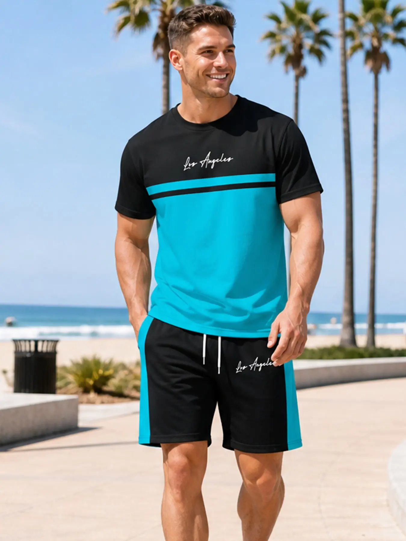 Men's Summer Striped Letter Print T-Shirt and Shorts Set, Casual Sporty Beachwear, Breathable Lightweight Quick-Dry, Comfortable Street Style, Menswear