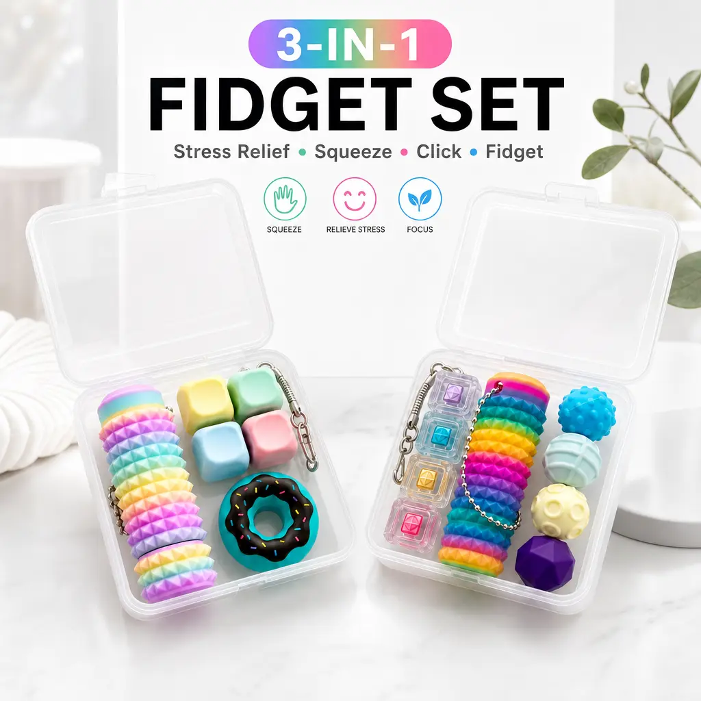 (Shipping Included) 3-in-1 Sensory Fidgets Stress Relief Toy Set - Pocket Toys, Pain Stimulators, Magnetic Balls, Keyboard Keychain, Rainbow Cube Blocks, Purse/Desk-Ready Anxiety Relief Products for Neurodivergent Kids (24 Months+), Stress Relief Fidgetin