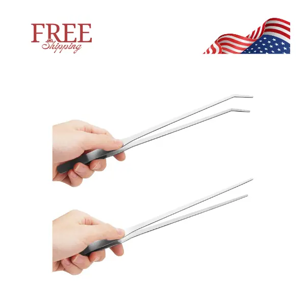 2PCS Long Aquarium Tweezers - 10.6" Straight and Curved Tweezers, Stainless Steel
