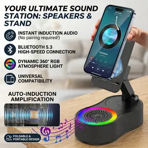 Wireless Induction Audio Bluetooth Speaker, 5in1 Phone Holder, Emergency Rechargeable (4000mAh) with Colorful Ambient Light Foldable for Tablet iPhone Android, Gifts for Men Women