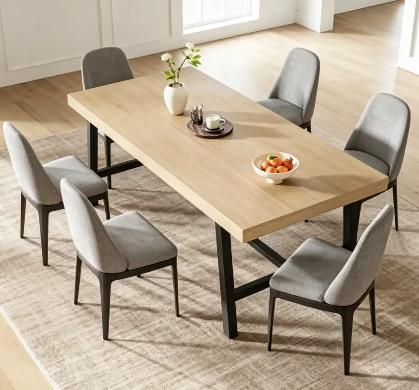Rectangular Dining Table Set for 6, Wood Dining Table with Metal Legs and Upholstered Chairs, Modern Kitchen Dining Room Furniture