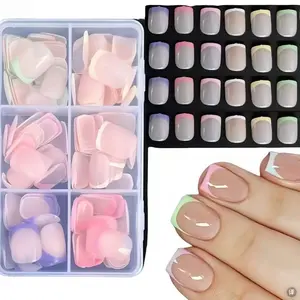 144 Pieces Short Square Nail Stickers, Rainbow French Tip Full Cover Smooth Finish False Nails, Essential for Women's Manicure