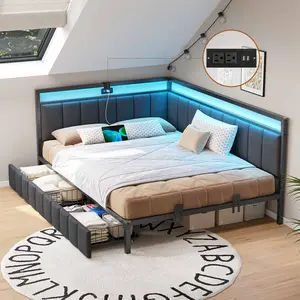 LED Daybed with Line Fabric Upholstered Fence and Charging Station Grey LED Daybed with Line Fabric Upholstered Fence and Charging Station Grey