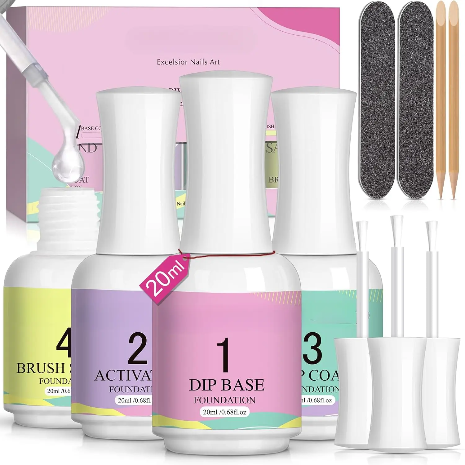 Dip Powder Liquid Set: 20 ml Ultimate Nail Dip System Essentials Liquid Large Capacity Dipping Base Activator Top Coat Brush Saver No Curing Needed for DIY Home Manicure,summerwins