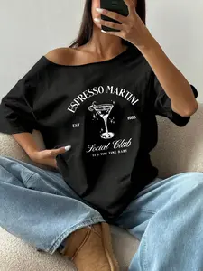 Women's Espresso Martini Print Shoulder Top, Casual Fit Comfy Short Sleeve T-shirt for Daily Wear, Ladies Sleepwear for Summer